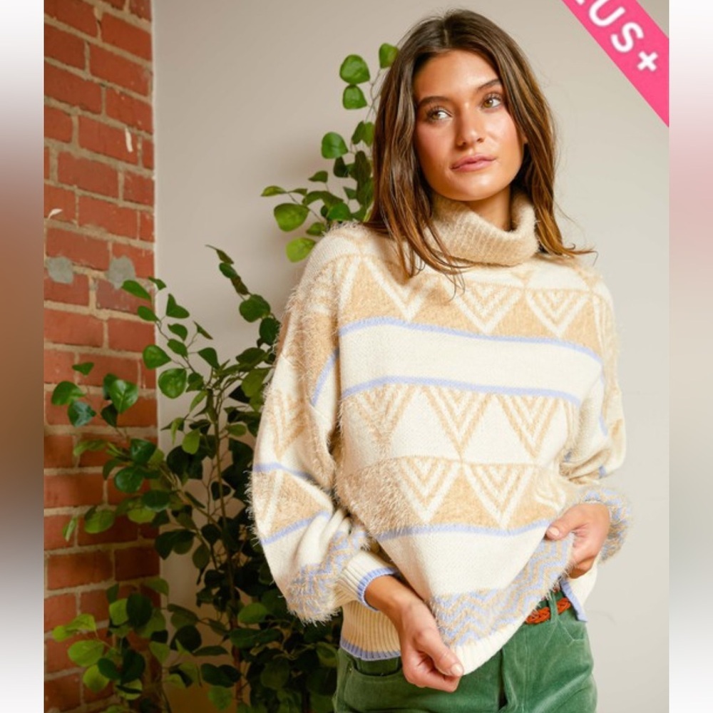 39. OVERSIZED U NECK LINE ETHNIC PRINTED FUZY FLEECE SOFT WARM SWEATER - Picture 4 of 4